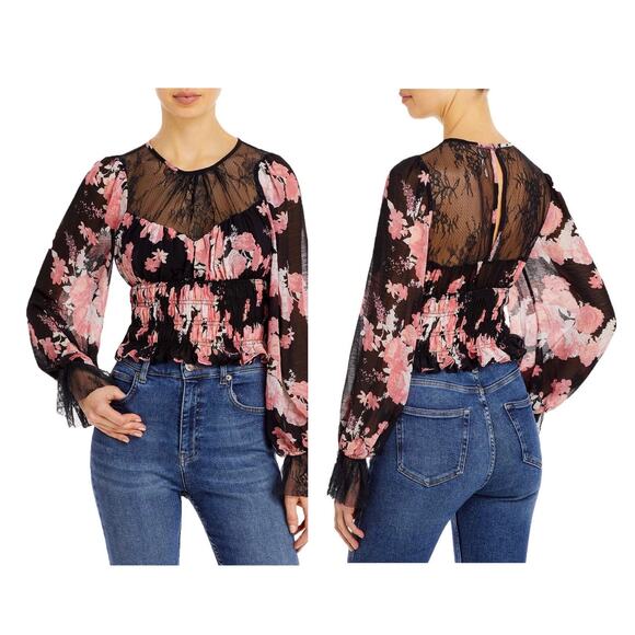Free People Tops - Free People Daphne Lace Black White Pink Long Sleeve Sheer Detail Blouse Size XS